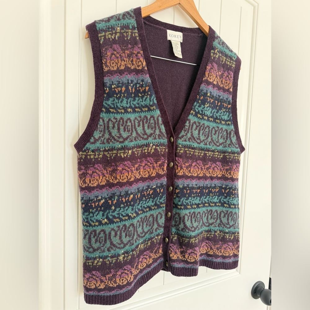 Vintage Koret Patterned Knit Sweater Vest Purple Teal Button Up Grandmacore M - Picture 4 of 9